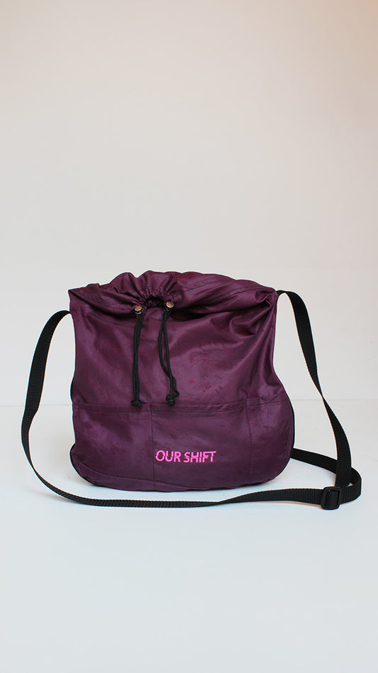 Upcycled tent cross-body bag in deep purple made from tents