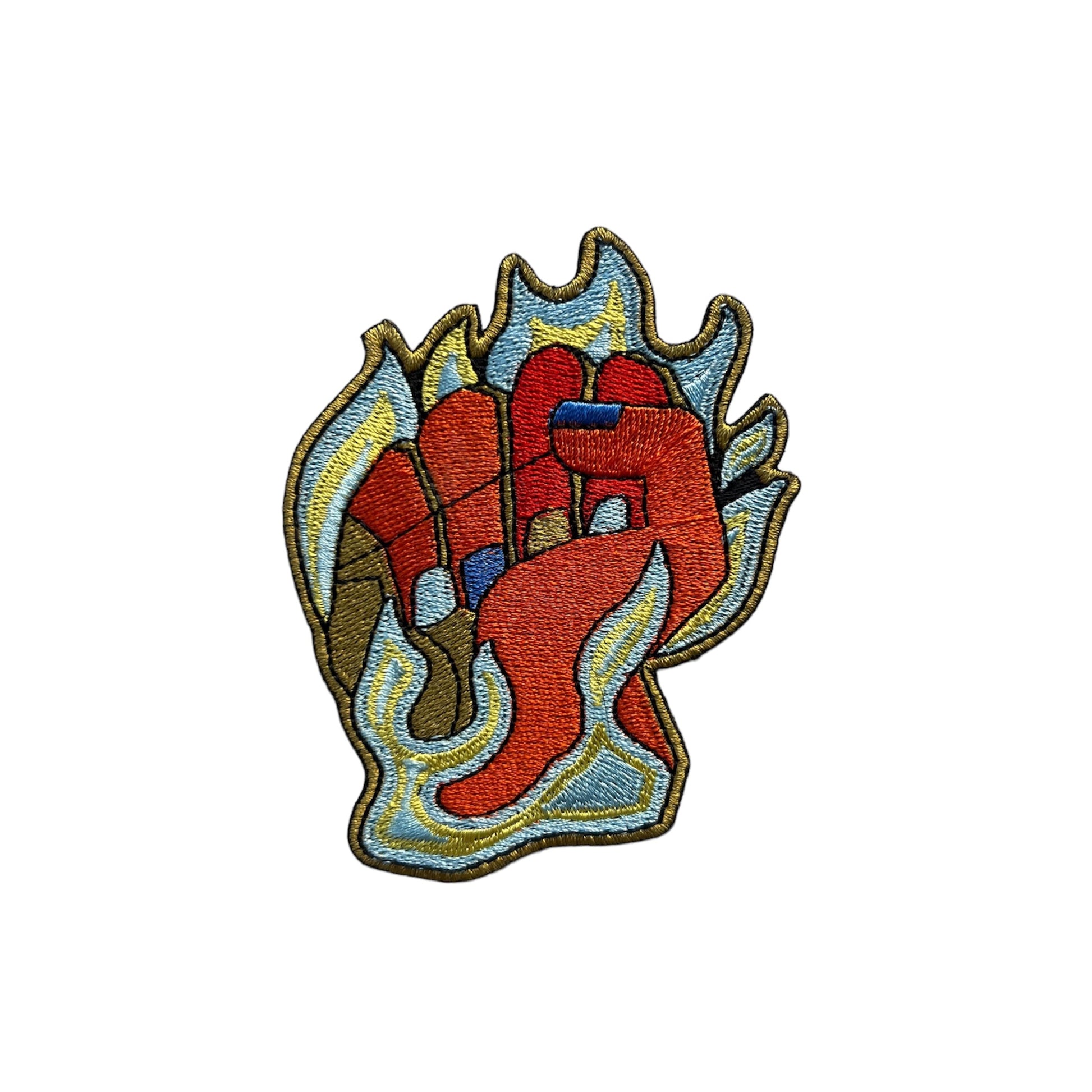 Orange activist iron-on embroidery featuring fist on fire