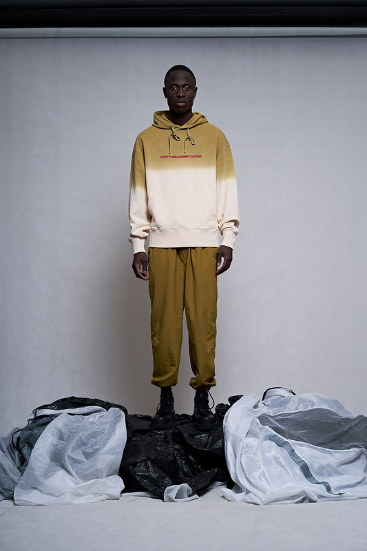 Ombre Hoodie in Sand with activist message detail "Stop fucking burning clothes"