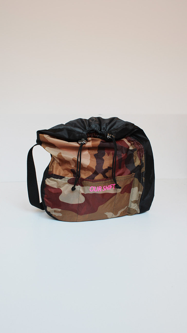 Upcycled tent cross-body bag with camo print made from tents