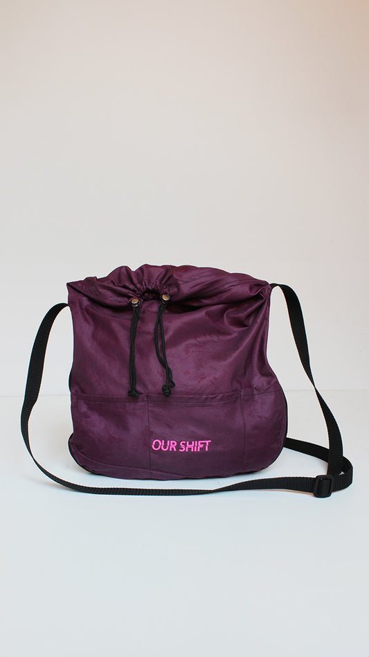 Upcycled tent cross-body bag in deep purple made from tents 
