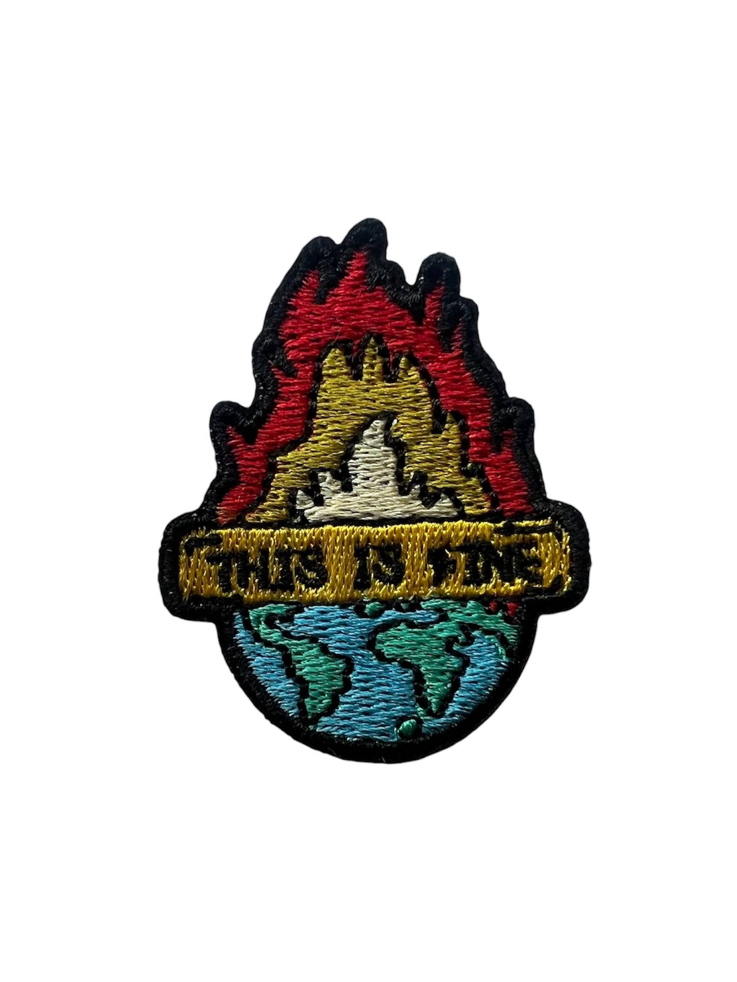 Activist iron-on embroidery "This is fine" featuring earth on fire 