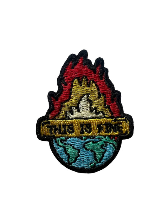 Activist iron-on embroidery "This is fine" featuring earth on fire 
