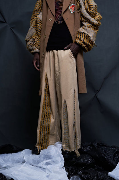 Light brown UPCYCLED TROUSERS WITH GIVENCHY FABRIC and drawstring detail 