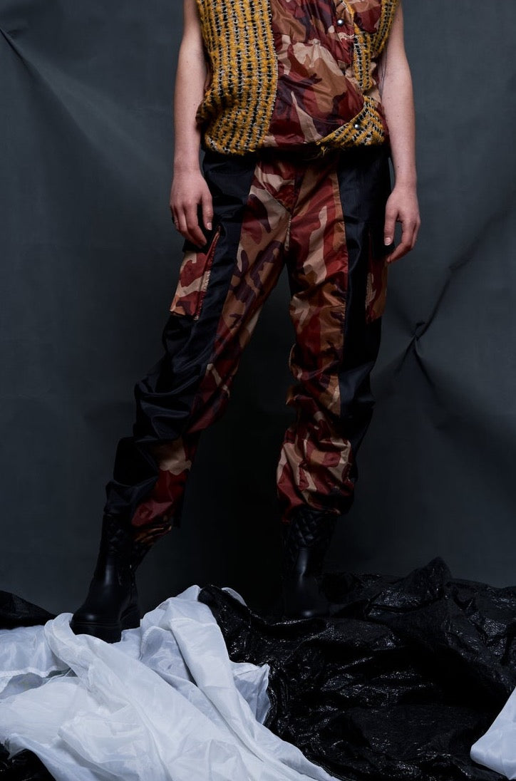 Bordeaux Camo UNIQUE UPCYCLED FESTIVAL-TENT TROUSERS with camo and drawstring details 
