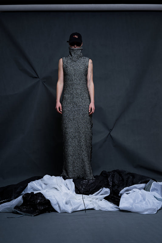 GREY WOOL TEXTURED MAXI DRESS with turtleneck and tent straps back