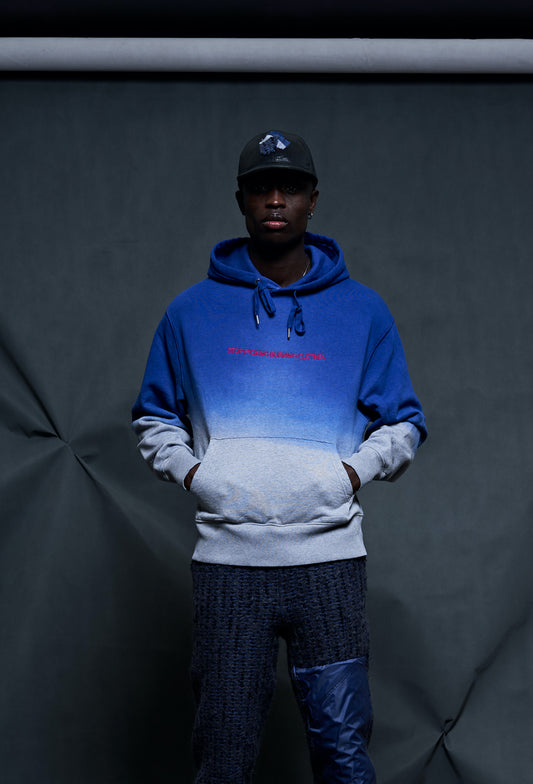 Ombre Hoodie in Blue with activist message detail "Stop fucking burning clothes"